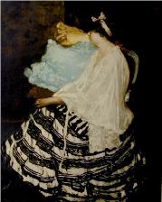 A large color etching by Auguste Brouet. It is the reproduction of a painting by Raymond Woog, showing a young woman sitting on a stool. She is wearing a petticoat with gaudy colors.