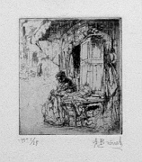a small etching showing a young needlewomen sitting in a street, at work in front of a little shop.