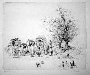 A large etching drawn with a light and spary needle. It shows a group of gypsies wandering in the countryside.
